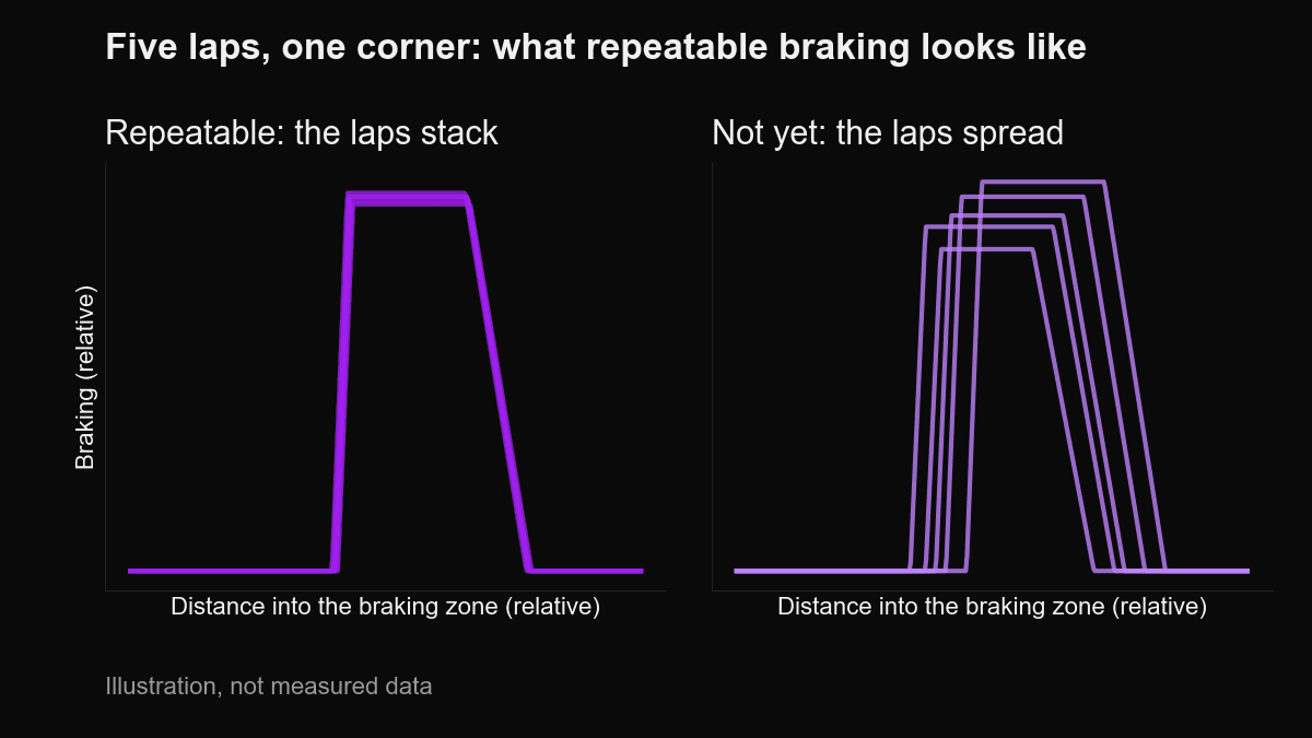 Illustration: braking traces from five laps stacked when repeatable, spread apart when not
