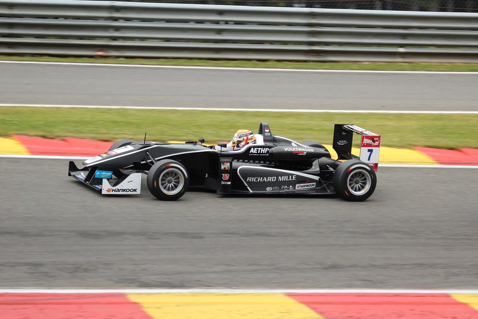 Charles Leclerc driving the black number 7 Formula 3 car at Spa in 2015