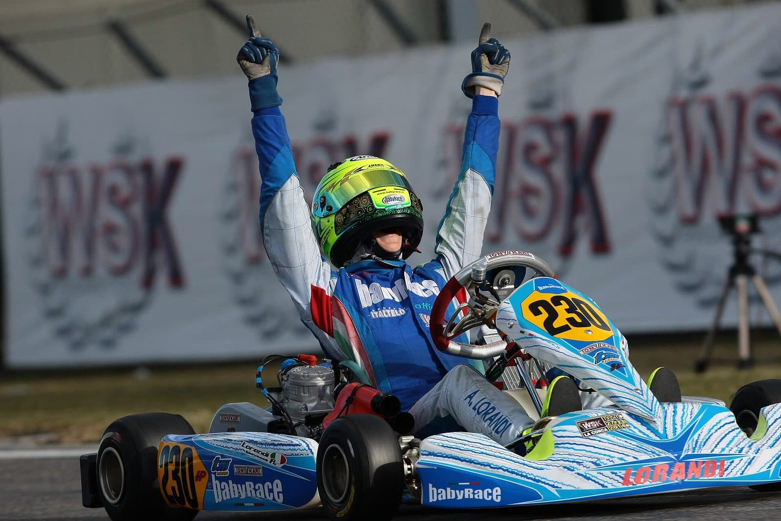 Alessio Lorandi celebrating a win at the WSK Champions Cup at La Conca