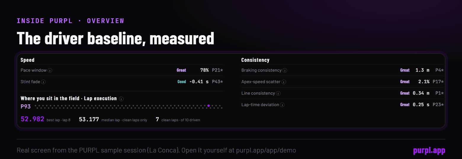 The PURPL Overview consistency panel: braking consistency 1.3 metres and lap-time deviation 0.25 seconds