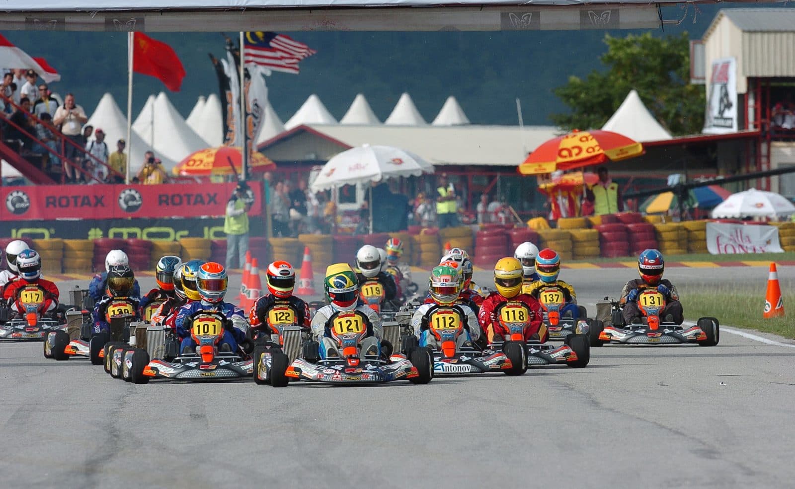A full grid of karts lined up for the start at the Rotax Max Grand Finals