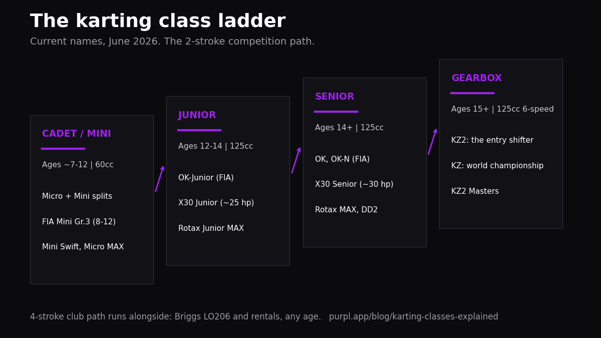 Kart racing classes age ladder from cadet to KZ with ages and engine sizes