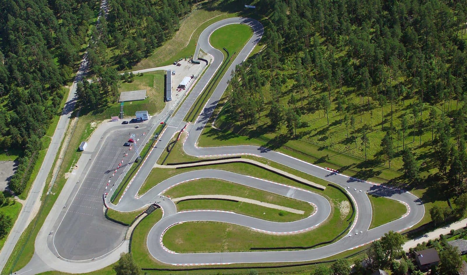 Aerial view of a kart track with a hairpin, a long sweeper and a straight