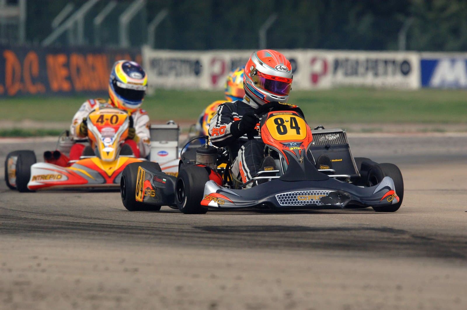 A kart racing with two more karts behind it