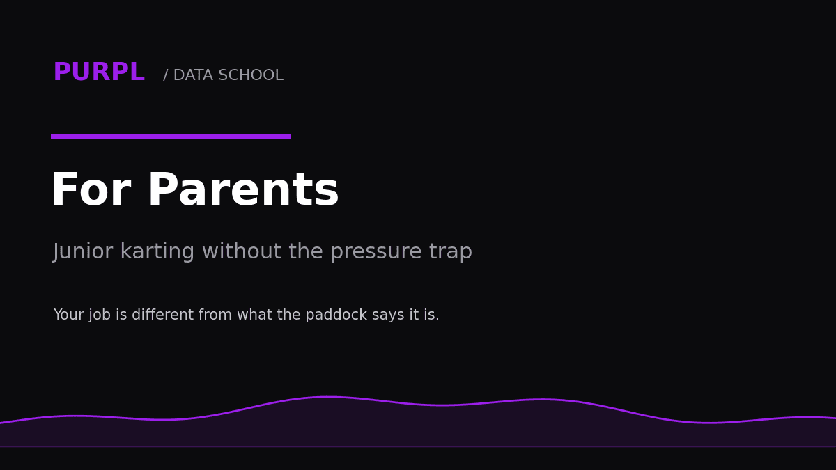 Junior karting parents guide cover with parent and young driver silhouettes in purple on black