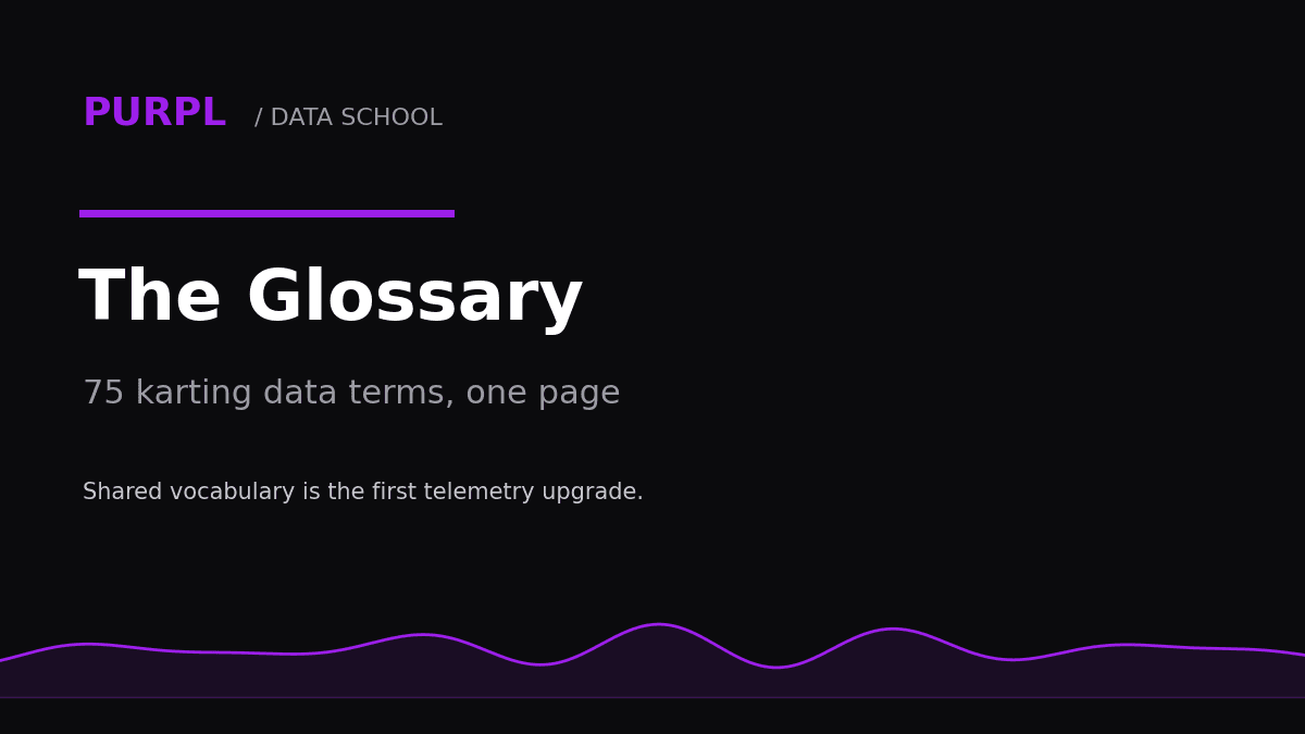 Karting telemetry glossary cover with purple data trace and term icons on black