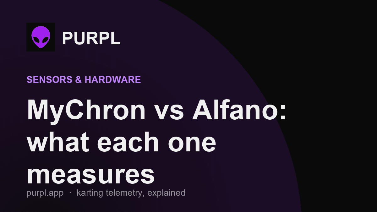 MyChron vs Alfano kart logger comparison cover on black with purple accents