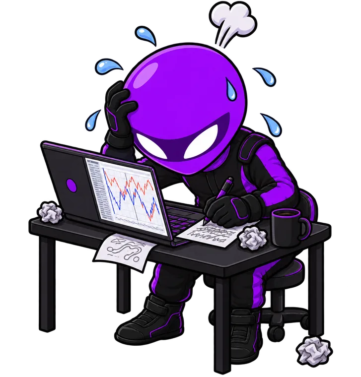 The same driver at a desk late at night, sweating over a laptop of telemetry traces he cannot read