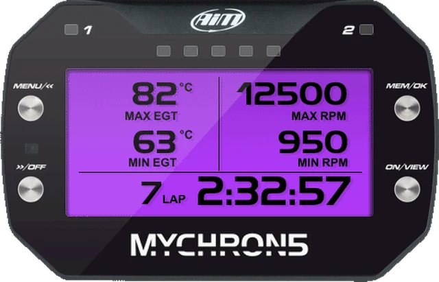 An AiM MyChron 5 dash, its screen set to PURPL purple.