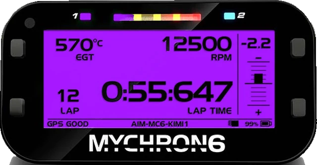 An AiM MyChron 6 dash, its screen in PURPL purple.